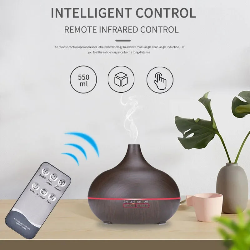 500Ml Aroma Essential Oil Diffuser Wood Grain Air Humidifier Aromatherapy Ultrasonic Remote Control Color Light for Home Bedroom