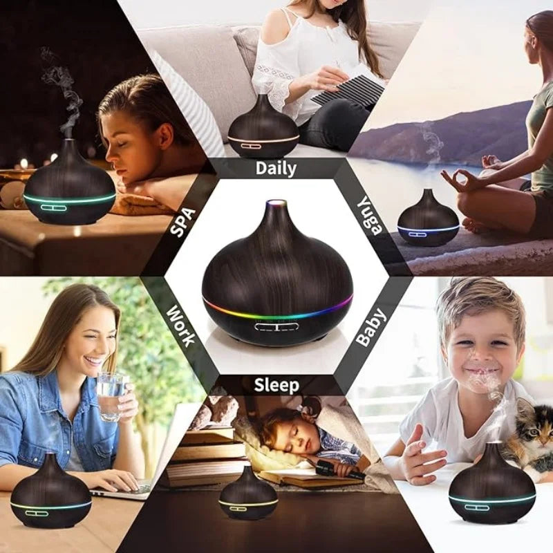 500Ml Aroma Essential Oil Diffuser Wood Grain Air Humidifier Aromatherapy Ultrasonic Remote Control Color Light for Home Bedroom