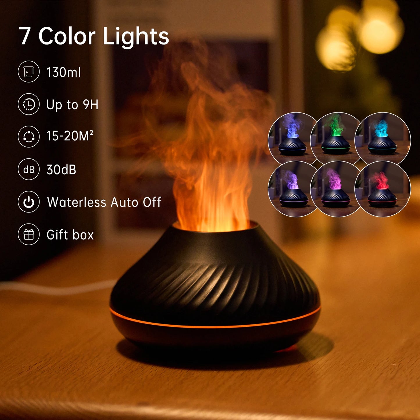 Flame Aroma Diffuser 130ML Essential Oil Diffusers USB Portable Air Humidifier with Color Night Light Realistic Fire