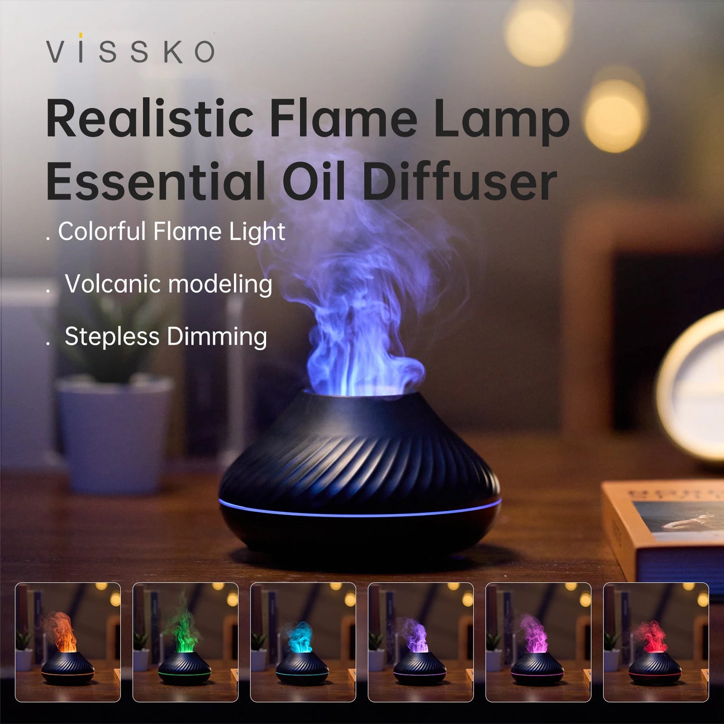 Flame Aroma Diffuser 130ML Essential Oil Diffusers USB Portable Air Humidifier with Color Night Light Realistic Fire