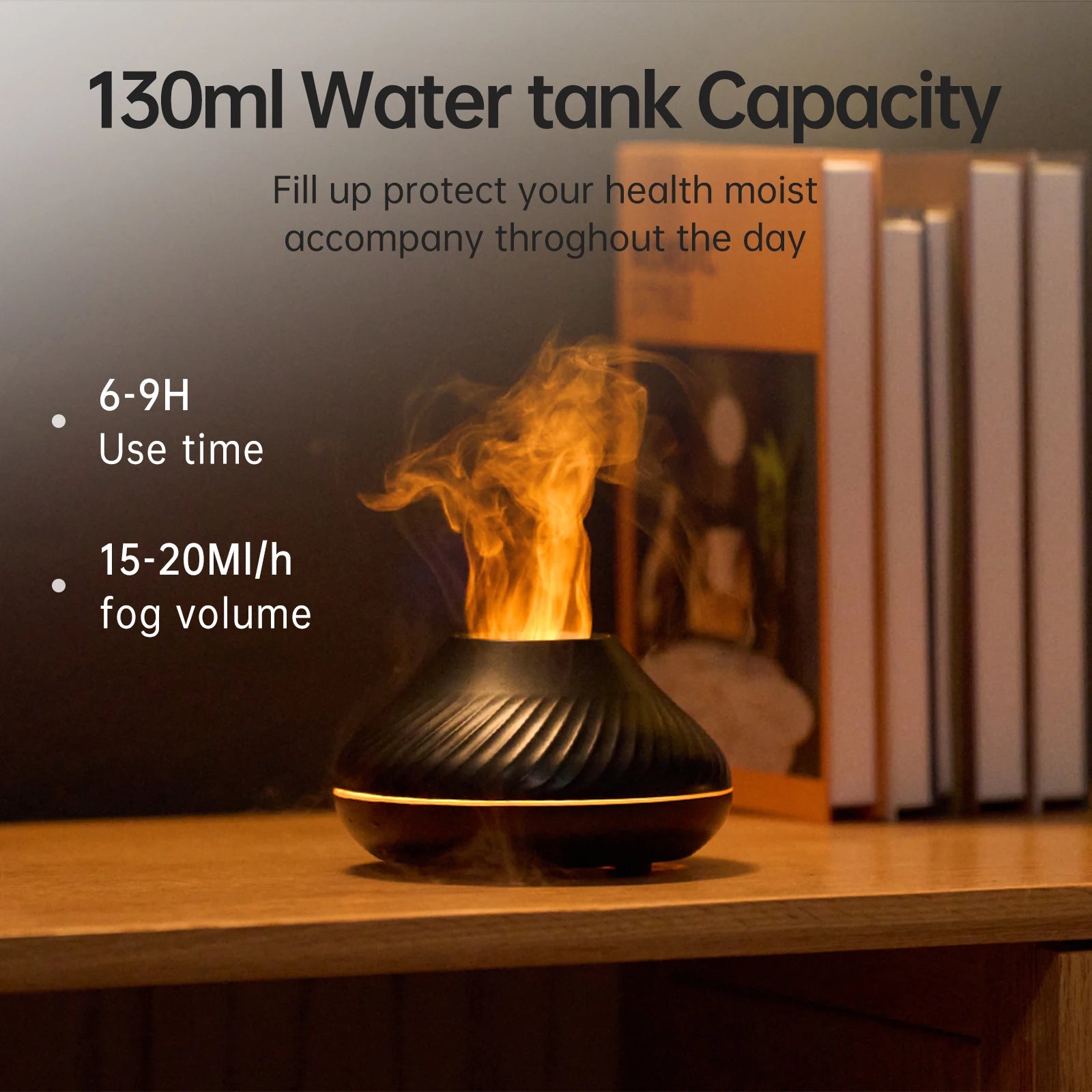 Flame Aroma Diffuser 130ML Essential Oil Diffusers USB Portable Air Humidifier with Color Night Light Realistic Fire